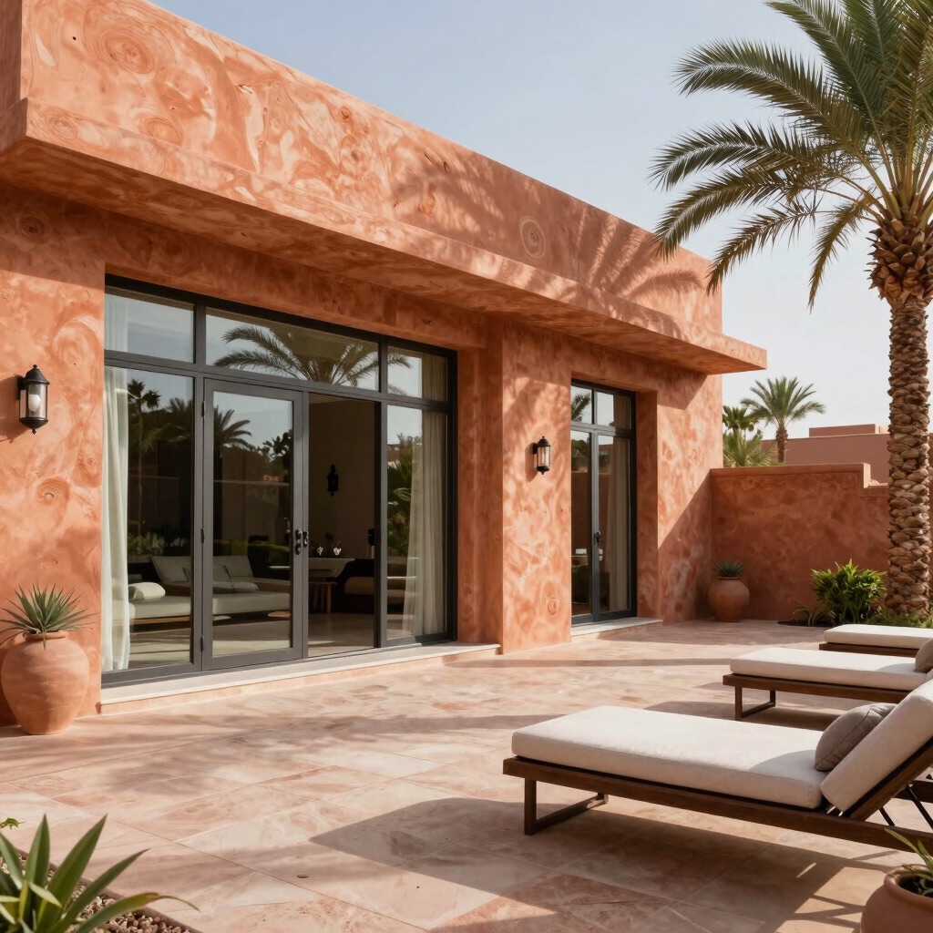 Terrasse d'une villa haut de gamme à Marrakech avec baies vitrées et palmiers