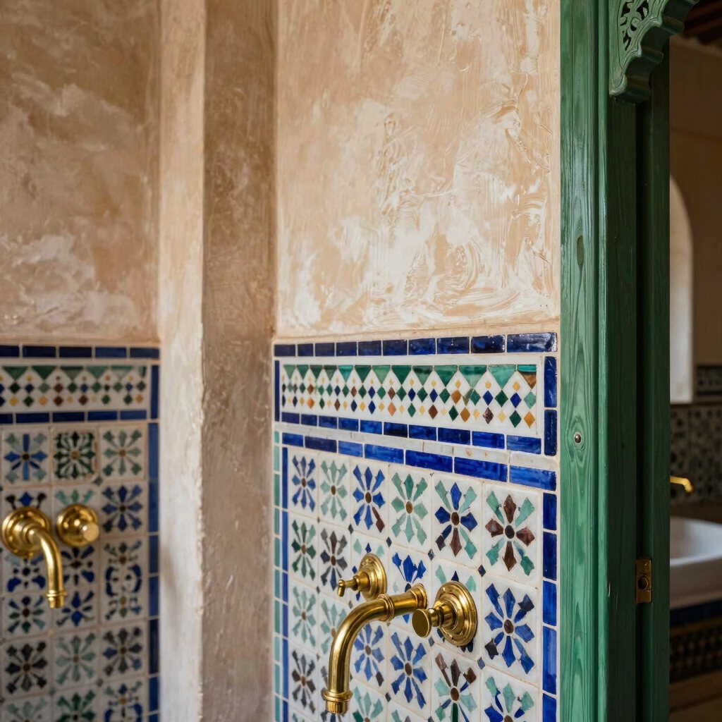 Mur de zellige achevé avec robinetterie en laiton