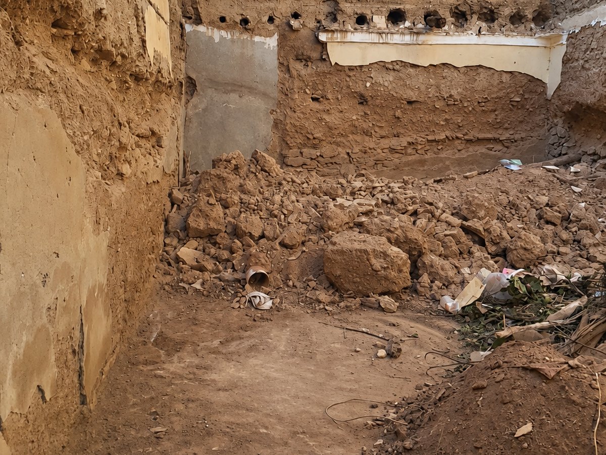 Murs en pisé dégagés au début du chantier du riad