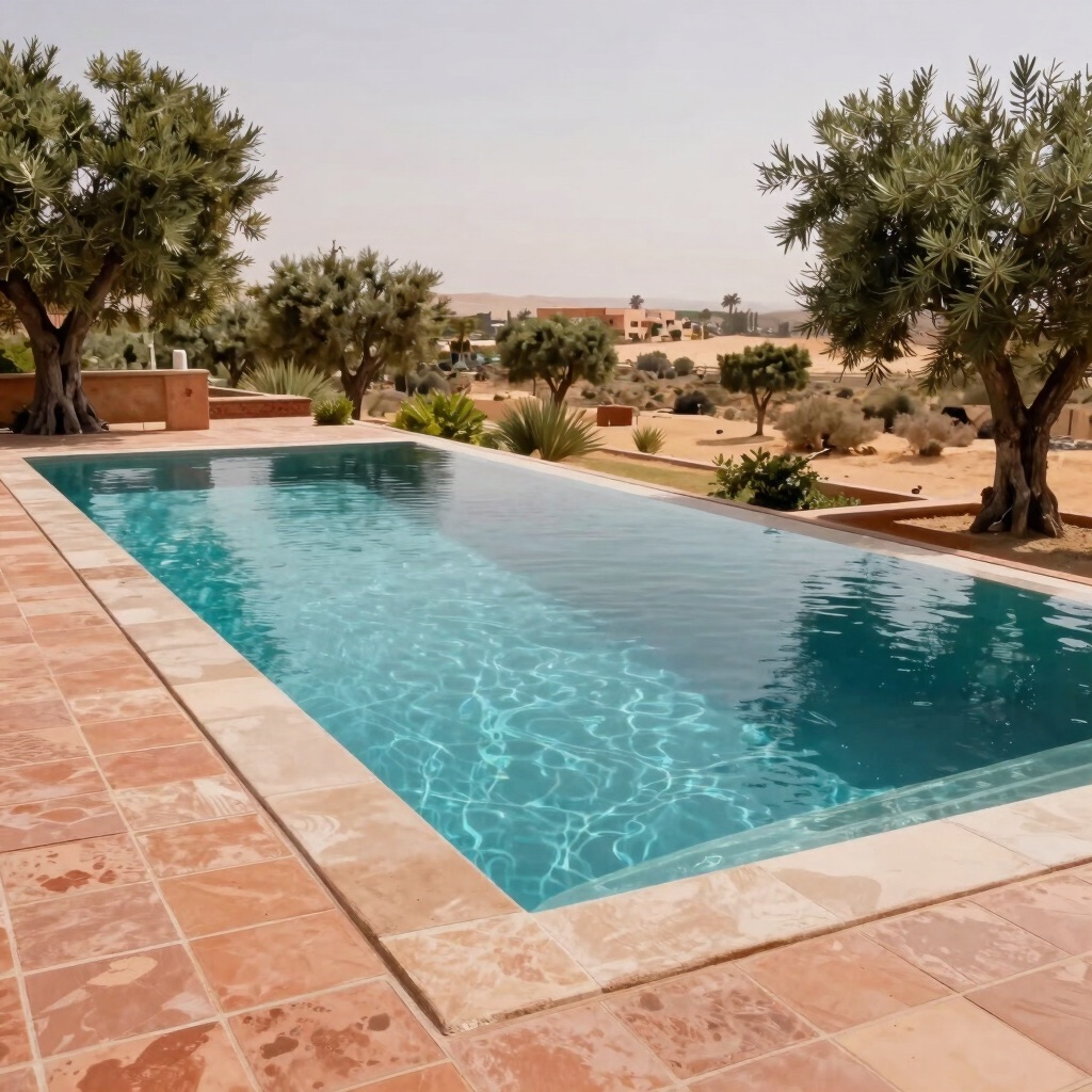 Piscine à débordement contemporaine entourée d'oliviers à Marrakech