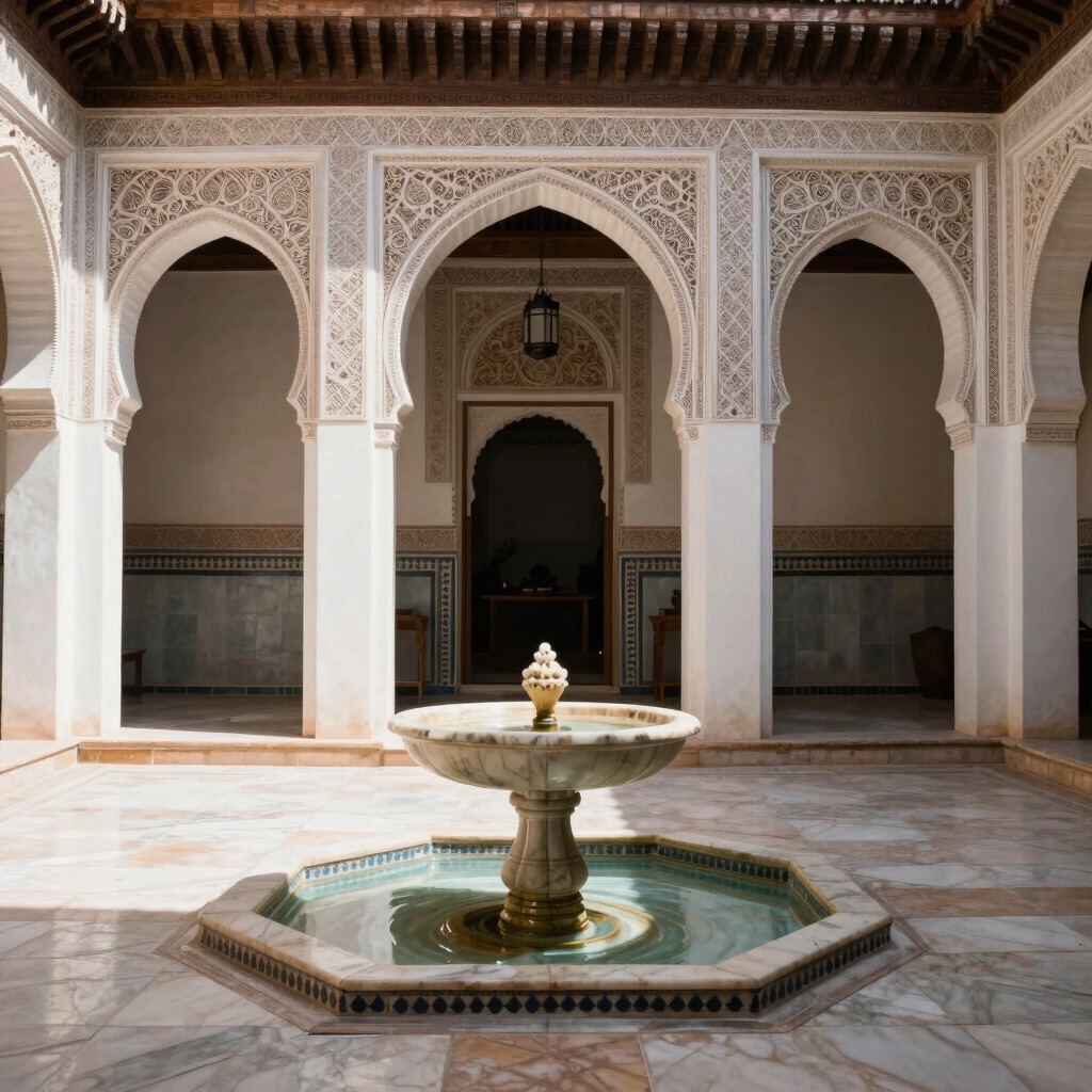 Patio de riad rénové avec arcades sculptées et fontaine en marbre
