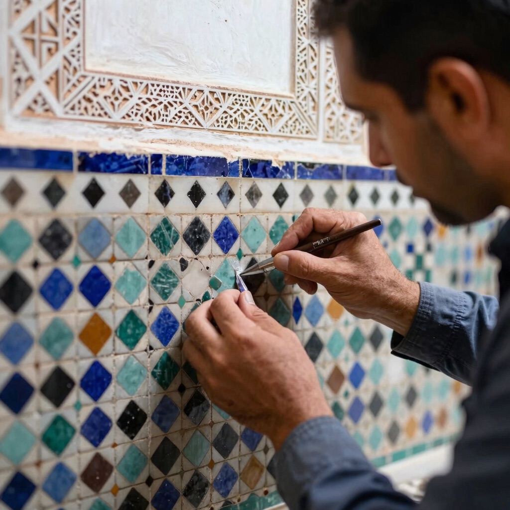 Artisan marocain posant des zelliges et du tadelakt dans un riad rénové à Marrakech